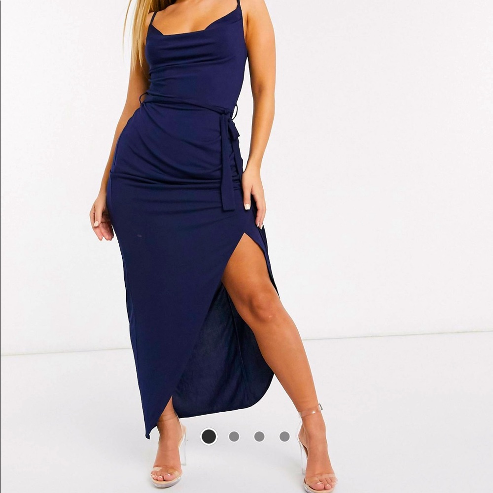 Navy blue cowl neck evening/cocktail dress